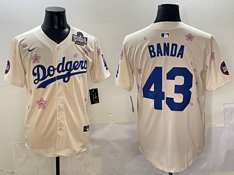 Men Los Angeles Dodgers #43 Banda Cream White Blue Sakura Edition 2025 Nike MLB Jersey style 7
